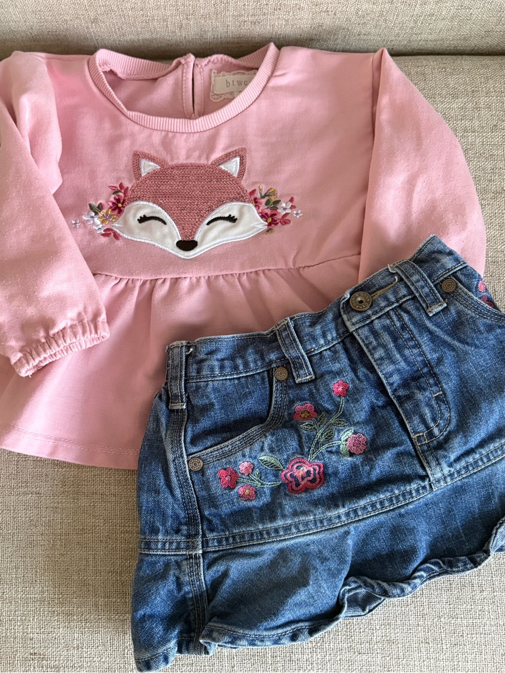 Pink Sequin Fox Appliqué Top and  Jean Skort Girls 2T